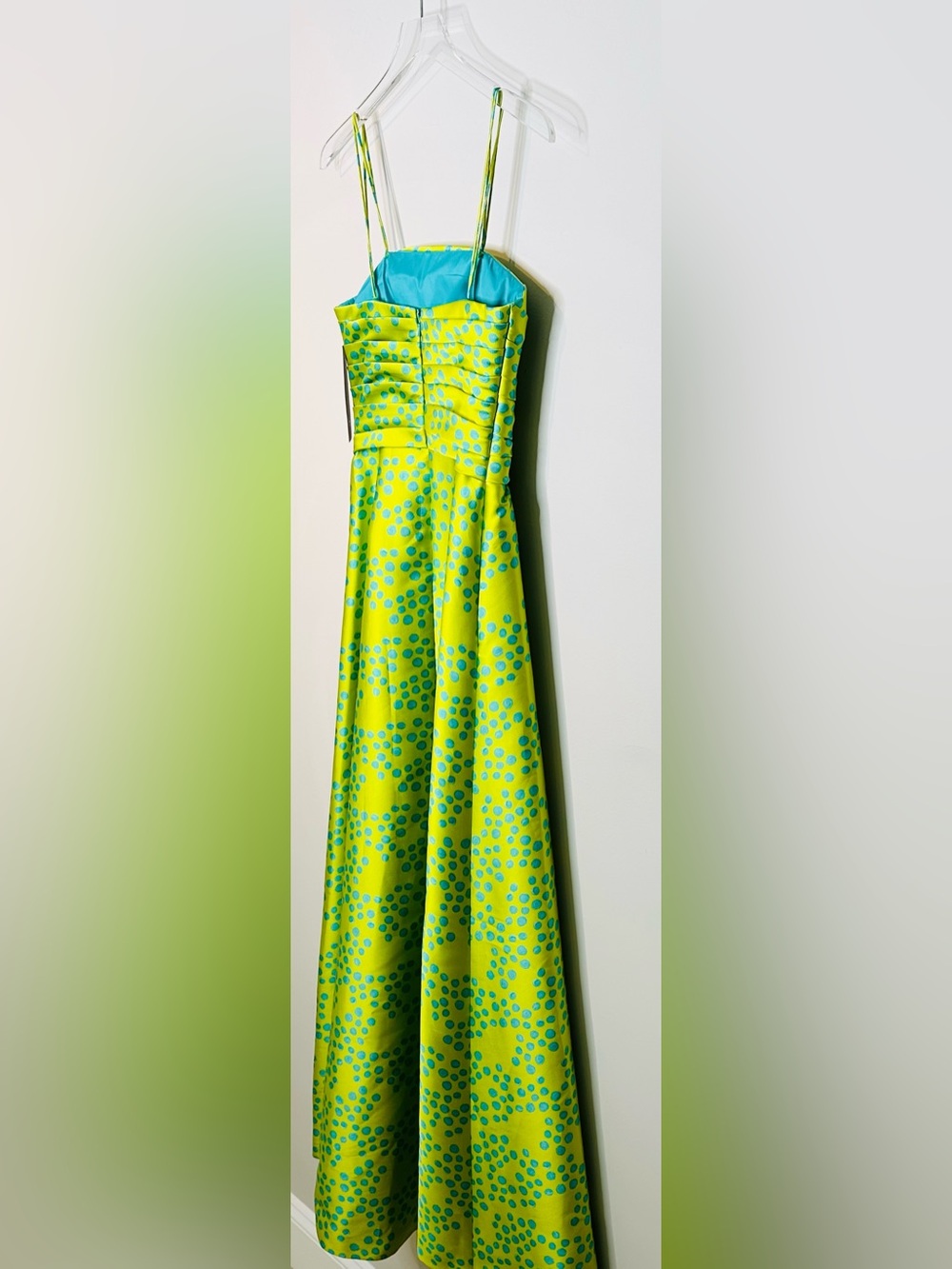 Theia Lime Green Spotted Puppy Dog Satin Formal Strapless Gown Dress - Picture 6 of 11